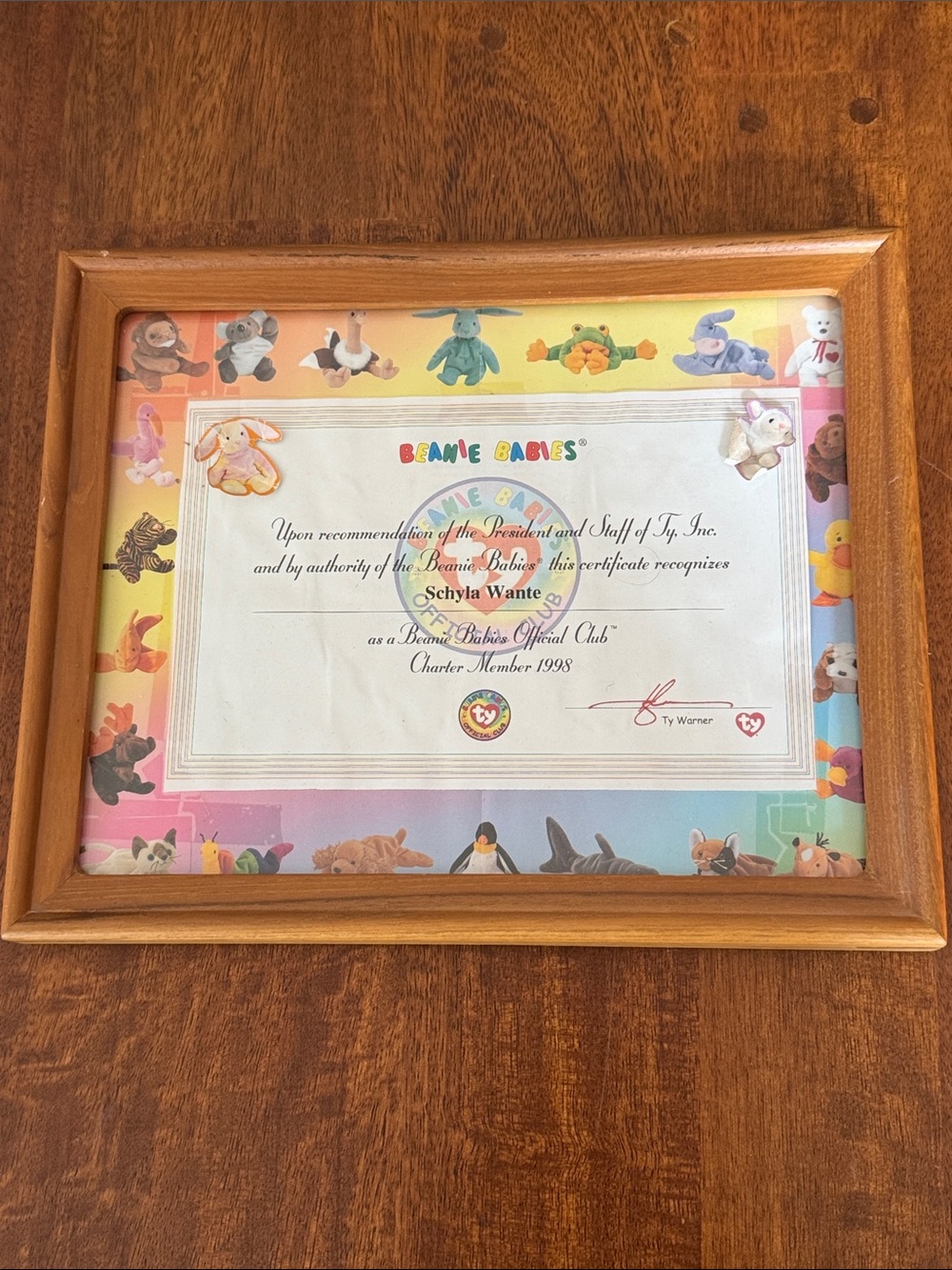 Ty Framed Beanie Babies Official Club Charter Memeber Certificate 1998